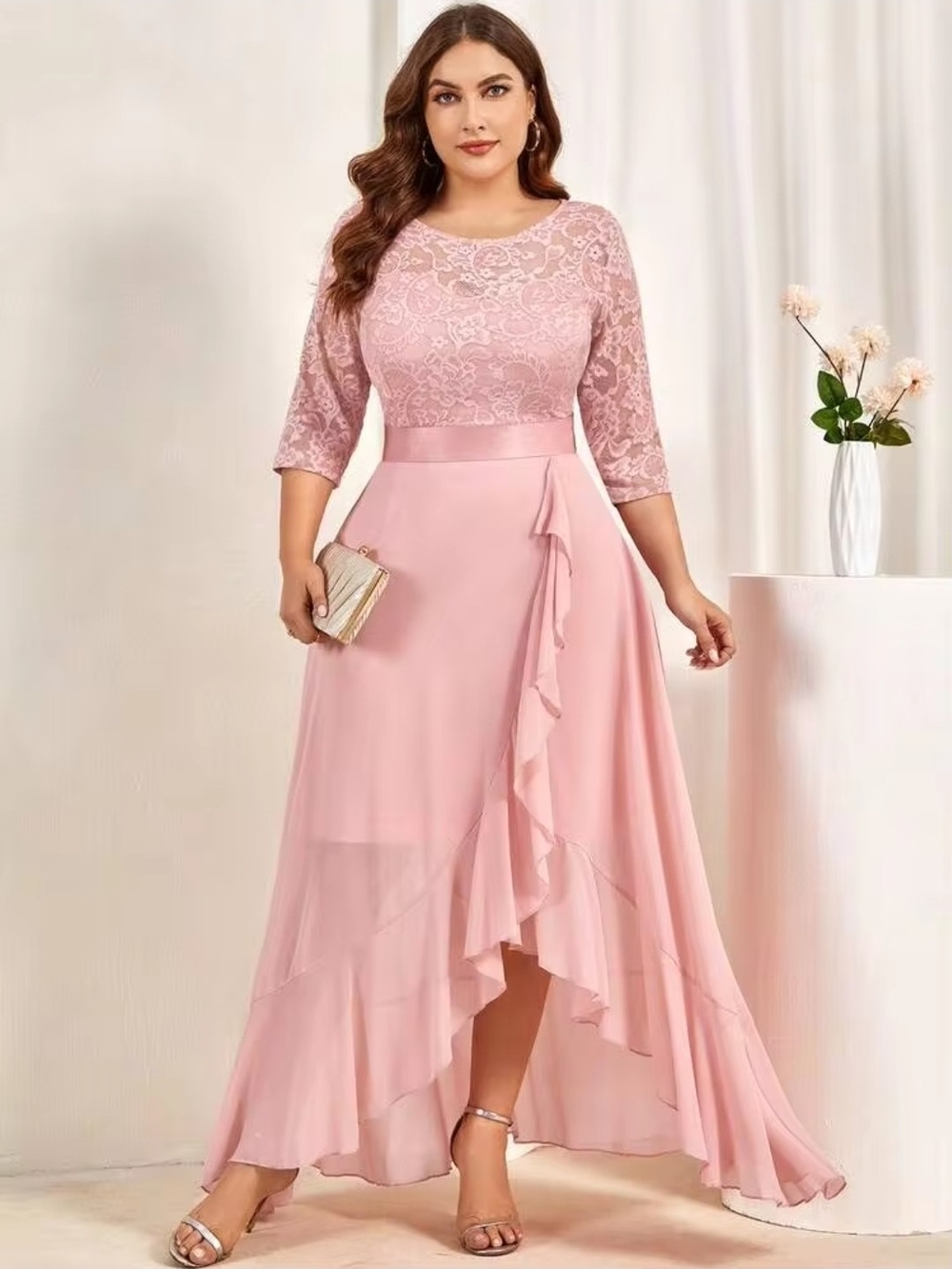Miusol Dusty Pink Lace & Chiffon High-Low Ruffle Maxi Dress